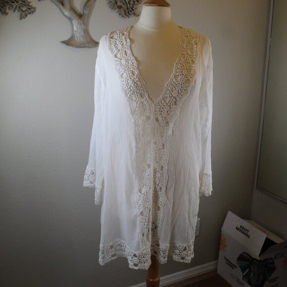 La Blanca Island Fare Crocheted Lace Trim Tunic Swim Cover-Up Size LG NWOT - Picture 1 of 12